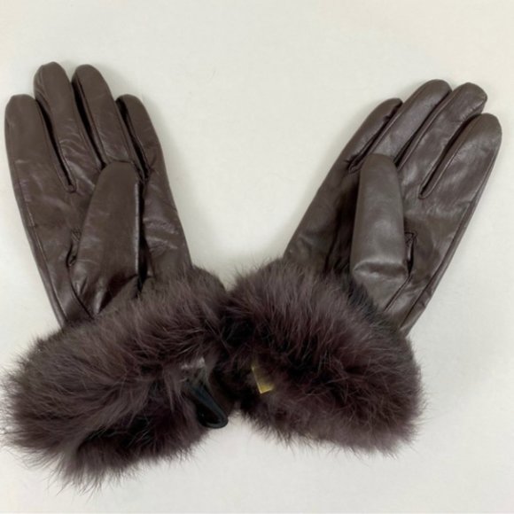 Leather Fur Gloves Large Rabbit Trim Short Brown - Picture 3 of 12